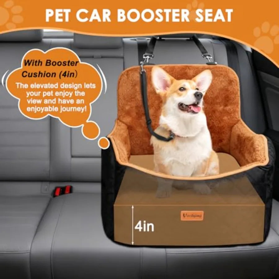 Dog Car Seat for Small and Medium Dogs 4" Booster Pet Car Seat with Safety Strap Plush Travel Dog Bed for Car with Storage Pock