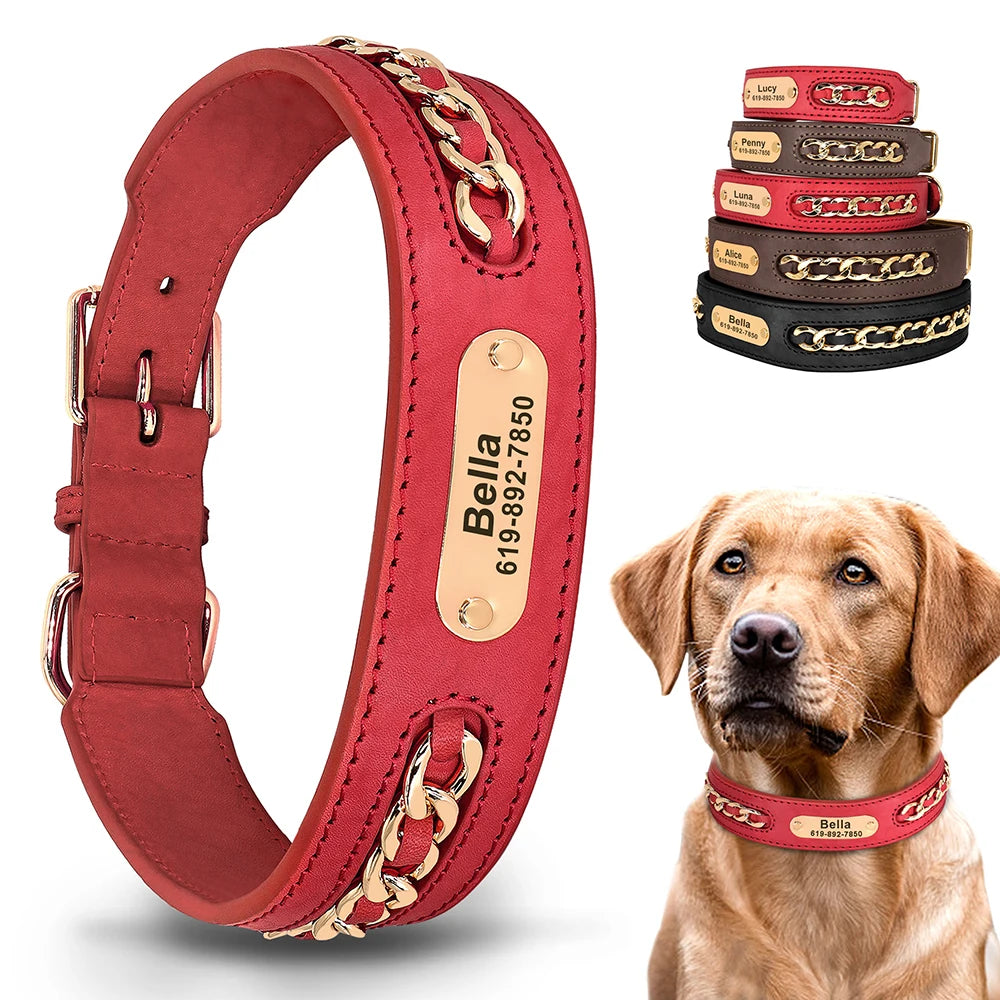 Personalized Dog Collar Durable Leather Dogs ID Collars With Anti-lost Name Tag Chain Accessories for Small Medium Large Dogs