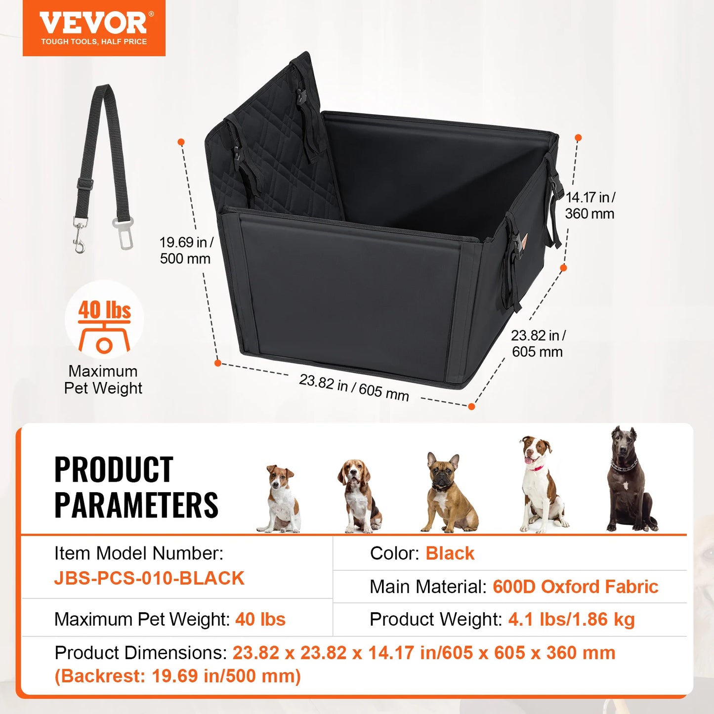 Dog Car Seat Waterproof Dog Booster Seat Pet Car Seat with Clip-On Safety Leash PP Cotton Car Bed for Medium Large Dog