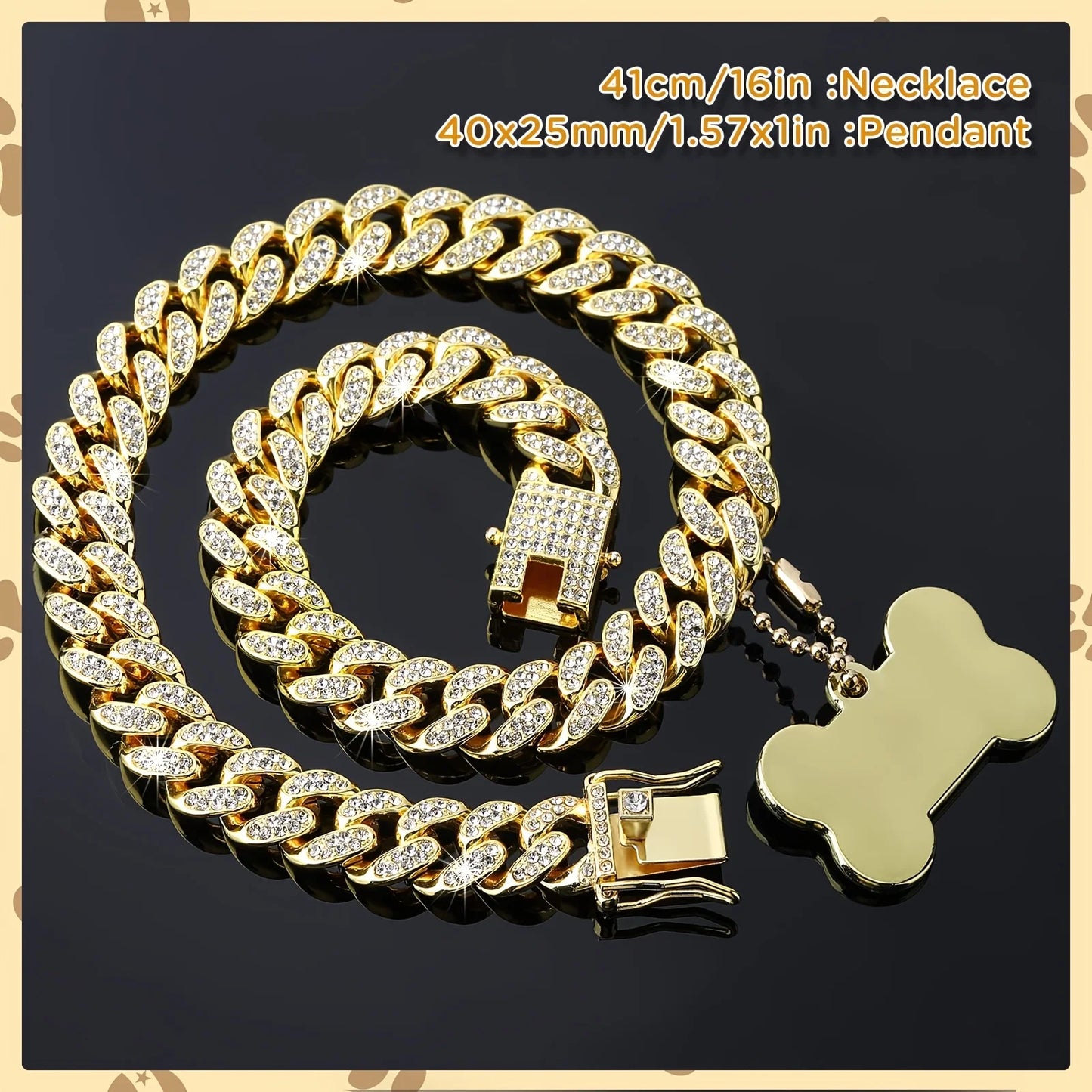 16-inch custom dog chain collar  Cuban link dog collar walking metal flashing dog collar with design safety buckle puppy pet cha