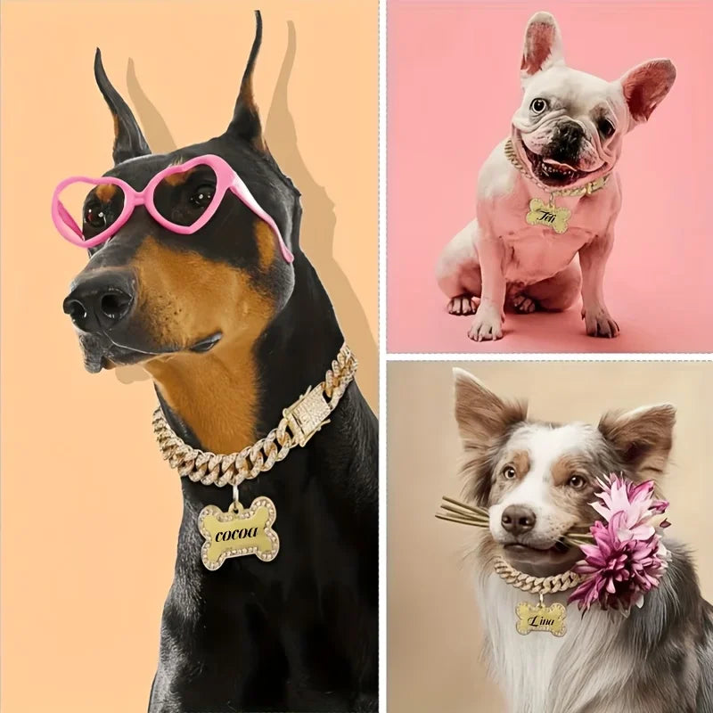 Trendy Hip-hop Pet Collar Cuban Chain Dog Chain Full Diamond Necklace Lock Buckle Rhinestone Bone Custom Pendant