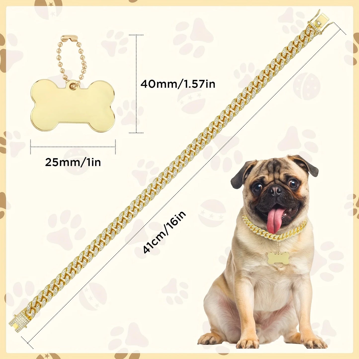 16-inch custom dog chain collar  Cuban link dog collar walking metal flashing dog collar with design safety buckle puppy pet cha