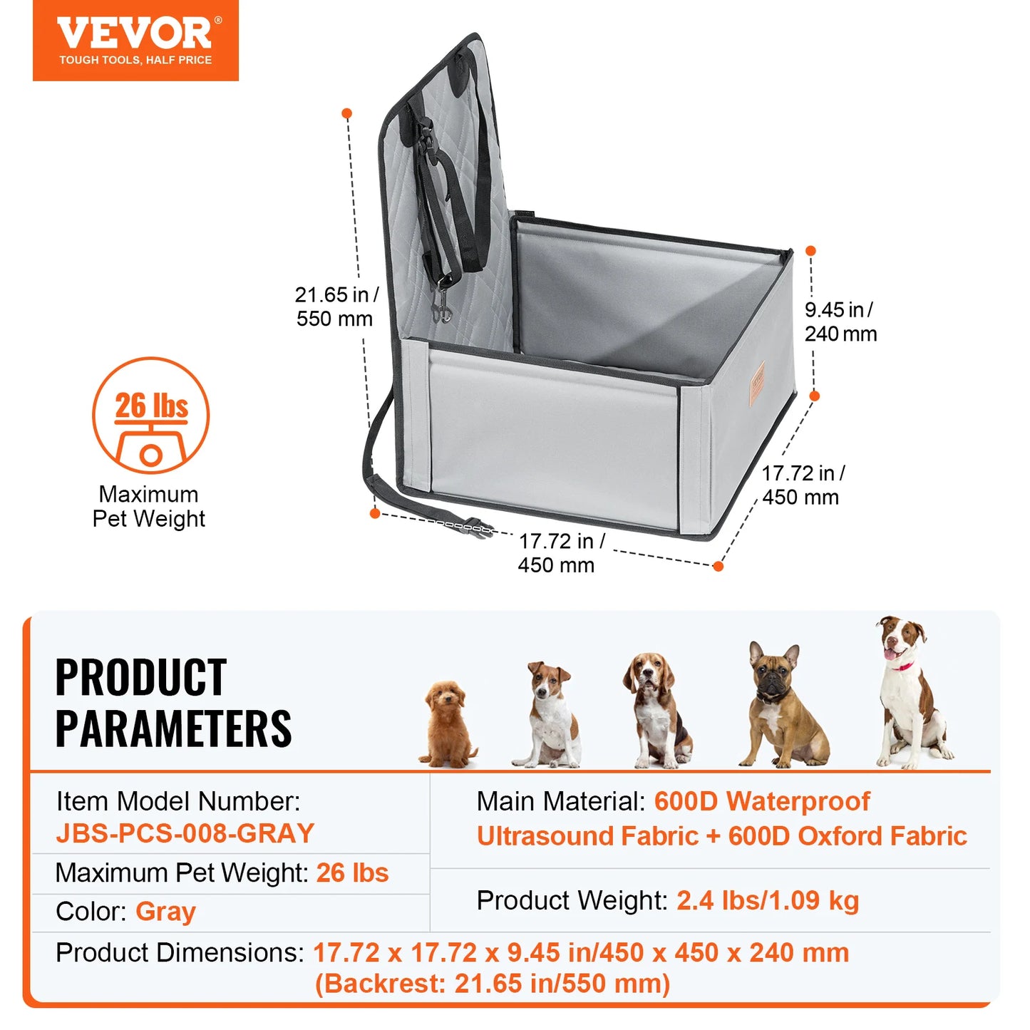 Dog Car Seat Waterproof Dog Booster Seat Pet Car Seat with Clip-On Safety Leash PP Cotton Car Bed for Medium Large Dog