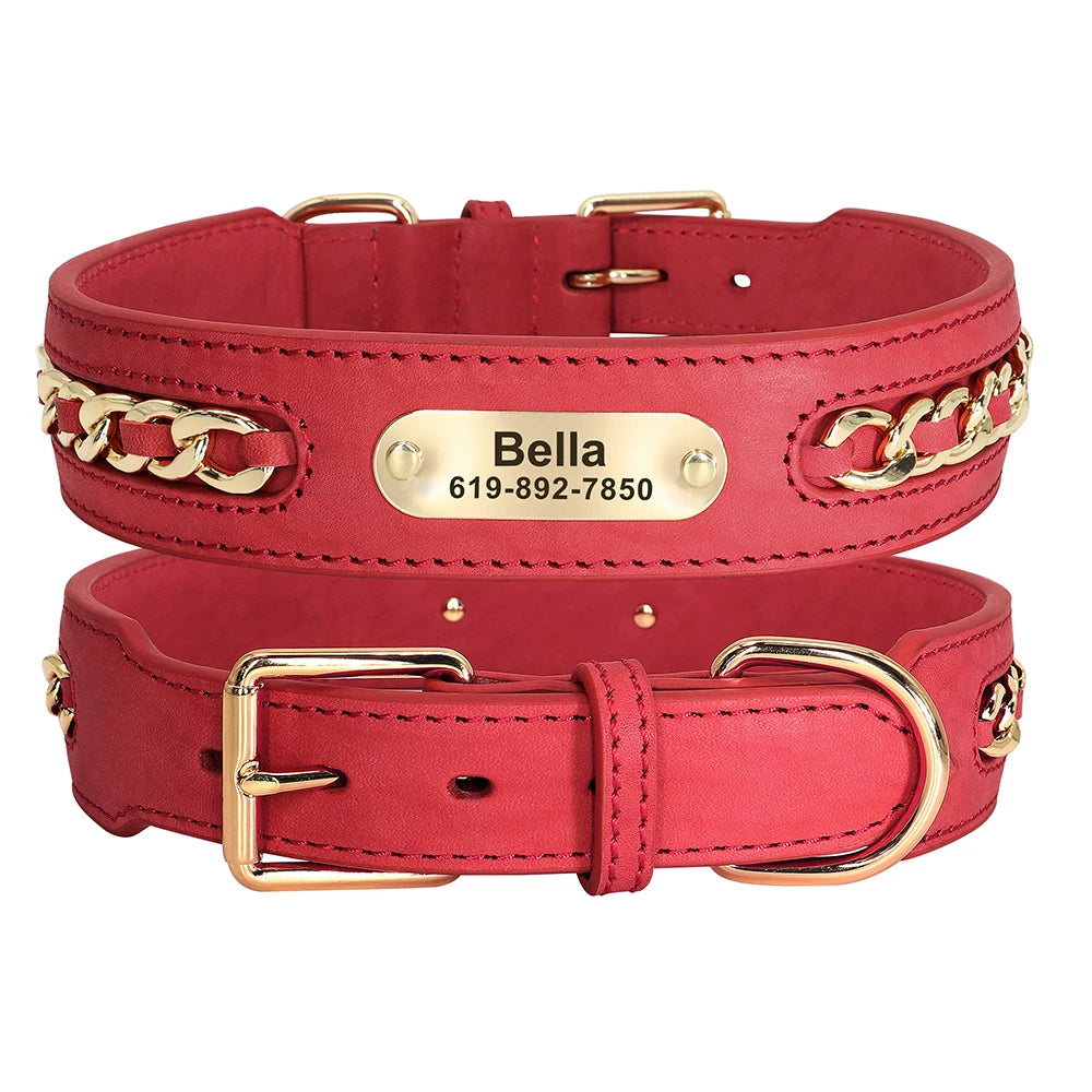 Personalized Dog Collar Durable Leather Dogs ID Collars With Anti-lost Name Tag Chain Accessories for Small Medium Large Dogs
