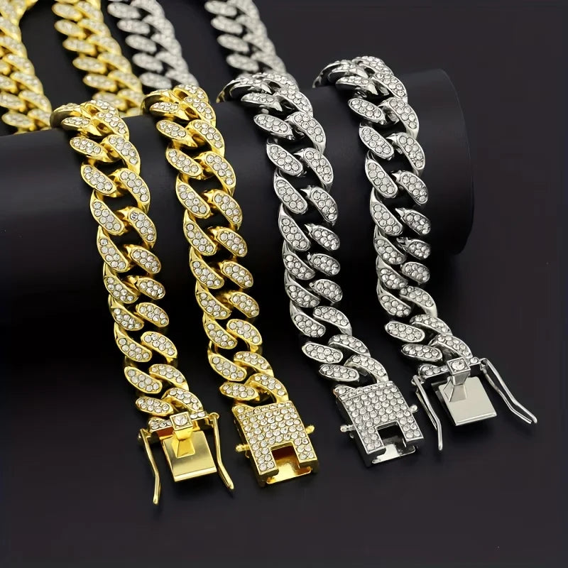 Trendy Hip-hop Pet Collar Cuban Chain Dog Chain Full Diamond Necklace Lock Buckle Rhinestone Bone Custom Pendant