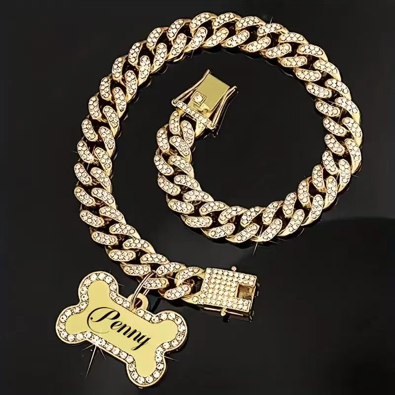 Trendy Hip-hop Pet Collar Cuban Chain Dog Chain Full Diamond Necklace Lock Buckle Rhinestone Bone Custom Pendant