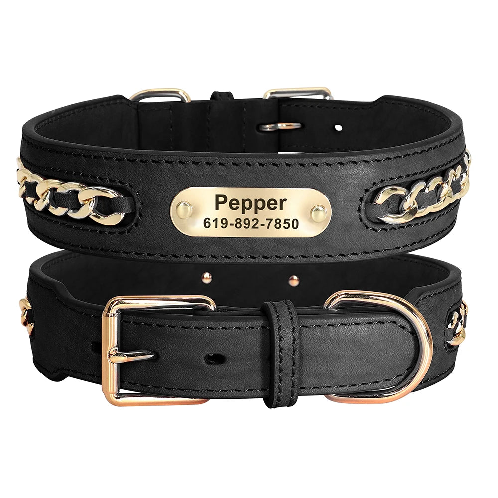 Personalized Dog Collar Durable Leather Dogs ID Collars With Anti-lost Name Tag Chain Accessories for Small Medium Large Dogs
