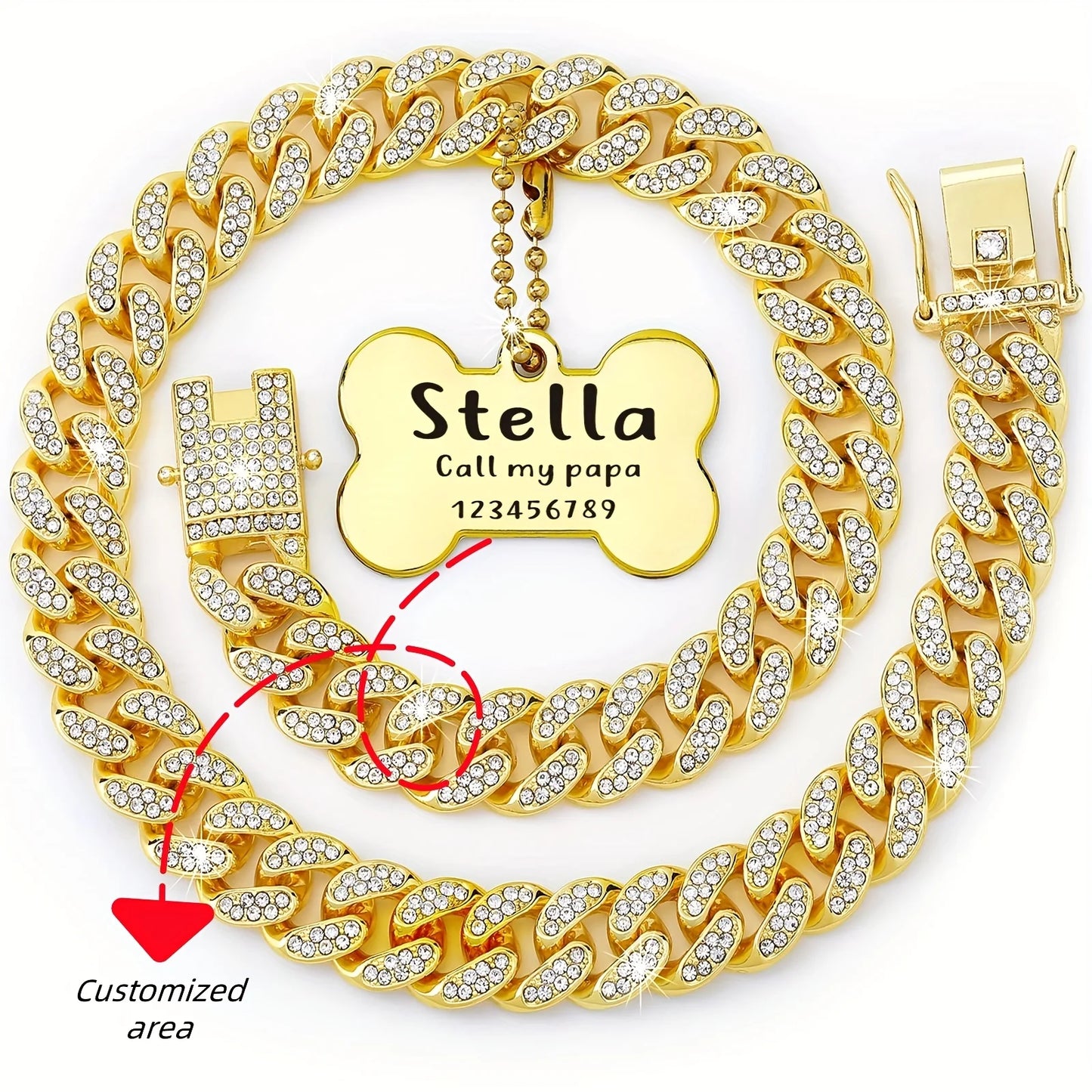 16-inch custom dog chain collar  Cuban link dog collar walking metal flashing dog collar with design safety buckle puppy pet cha