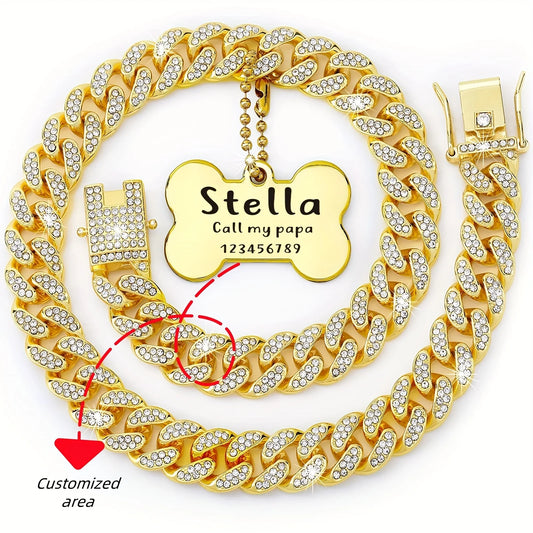 16-inch custom dog chain collar  Cuban link dog collar walking metal flashing dog collar with design safety buckle puppy pet cha