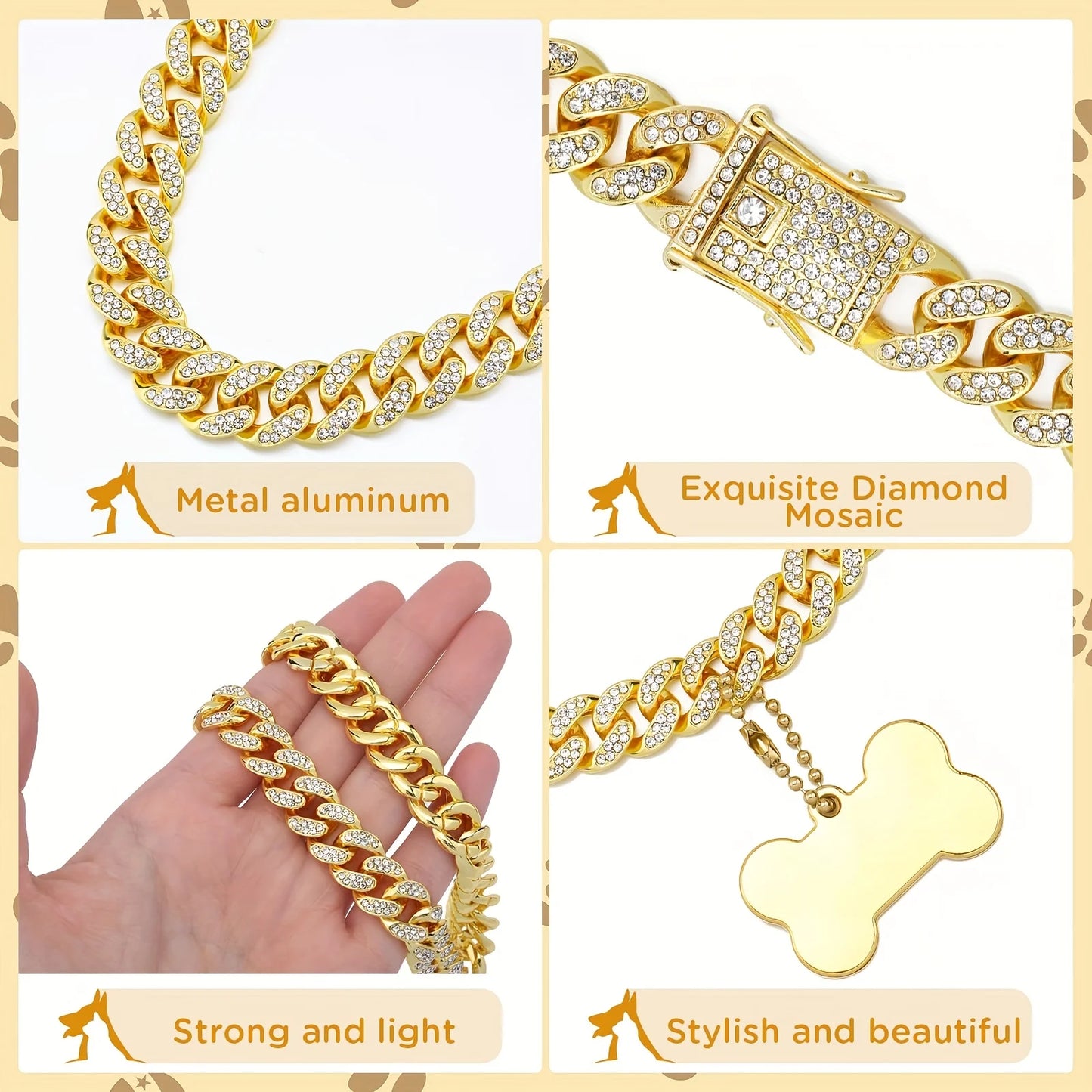 16-inch custom dog chain collar  Cuban link dog collar walking metal flashing dog collar with design safety buckle puppy pet cha