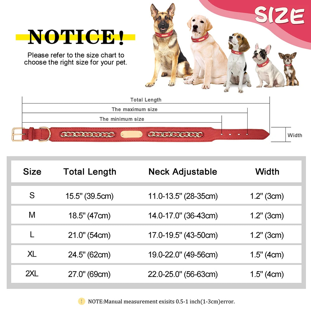 Personalized Dog Collar Durable Leather Dogs ID Collars With Anti-lost Name Tag Chain Accessories for Small Medium Large Dogs