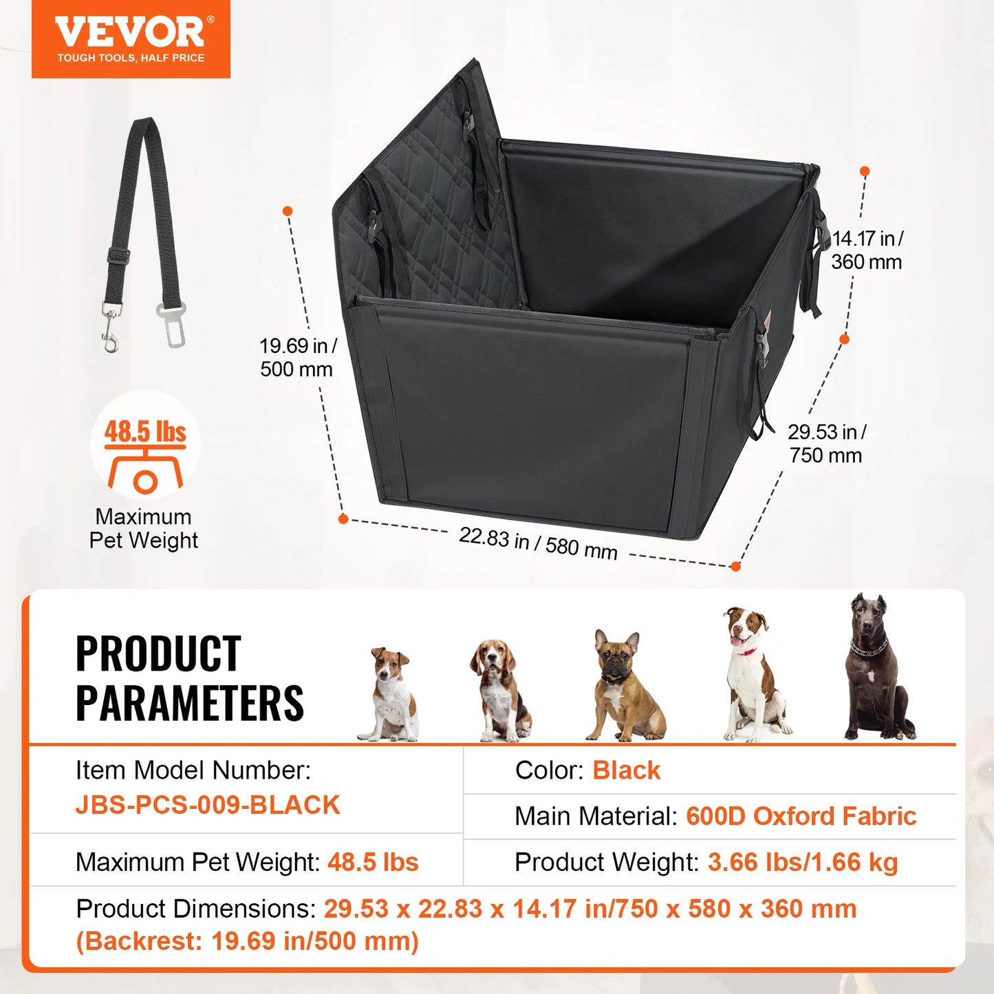 Dog Car Seat Waterproof Dog Booster Seat Pet Car Seat with Clip-On Safety Leash PP Cotton Car Bed for Medium Large Dog
