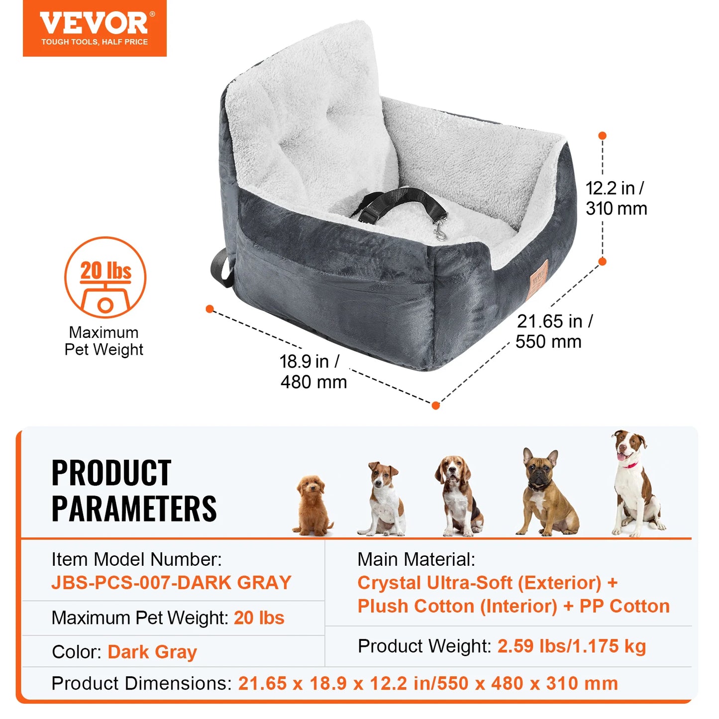 Dog Car Seat Waterproof Dog Booster Seat Pet Car Seat with Clip-On Safety Leash PP Cotton Car Bed for Medium Large Dog