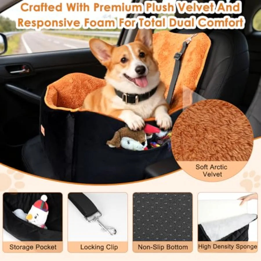 Dog Car Seat for Small and Medium Dogs 4" Booster Pet Car Seat with Safety Strap Plush Travel Dog Bed for Car with Storage Pock