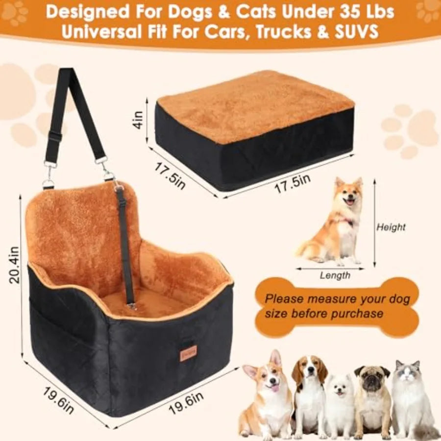 Dog Car Seat for Small and Medium Dogs 4" Booster Pet Car Seat with Safety Strap Plush Travel Dog Bed for Car with Storage Pock