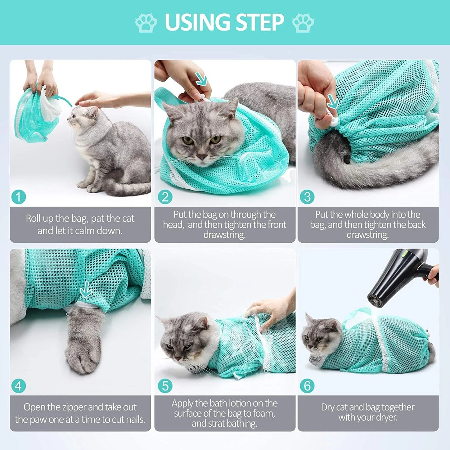 Adjustable Cat Grooming Bag, Mesh Bath & Washing Bag for Safe Pet Cleaning, Anti-Scratch Nail Care
