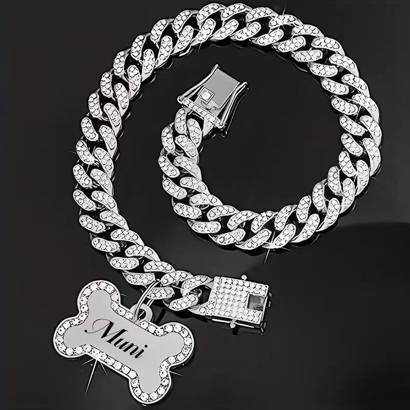 Trendy Hip-hop Pet Collar Cuban Chain Dog Chain Full Diamond Necklace Lock Buckle Rhinestone Bone Custom Pendant