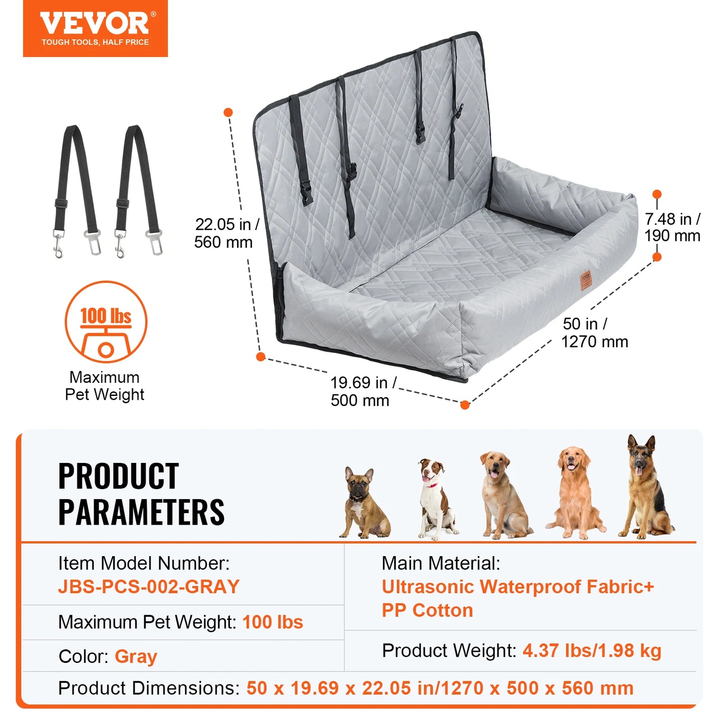 Dog Car Seat Waterproof Dog Booster Seat Pet Car Seat with Clip-On Safety Leash PP Cotton Car Bed for Medium Large Dog