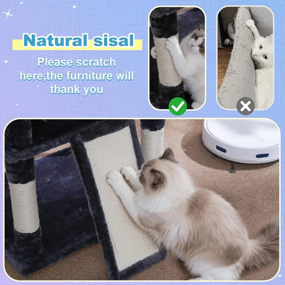 Hey-Cat Tree Tower, Scratching Posts with Extra Large Platorm and Basket, Specious Condo, 2 Cozy Hammocks, Scratch Board or Indo