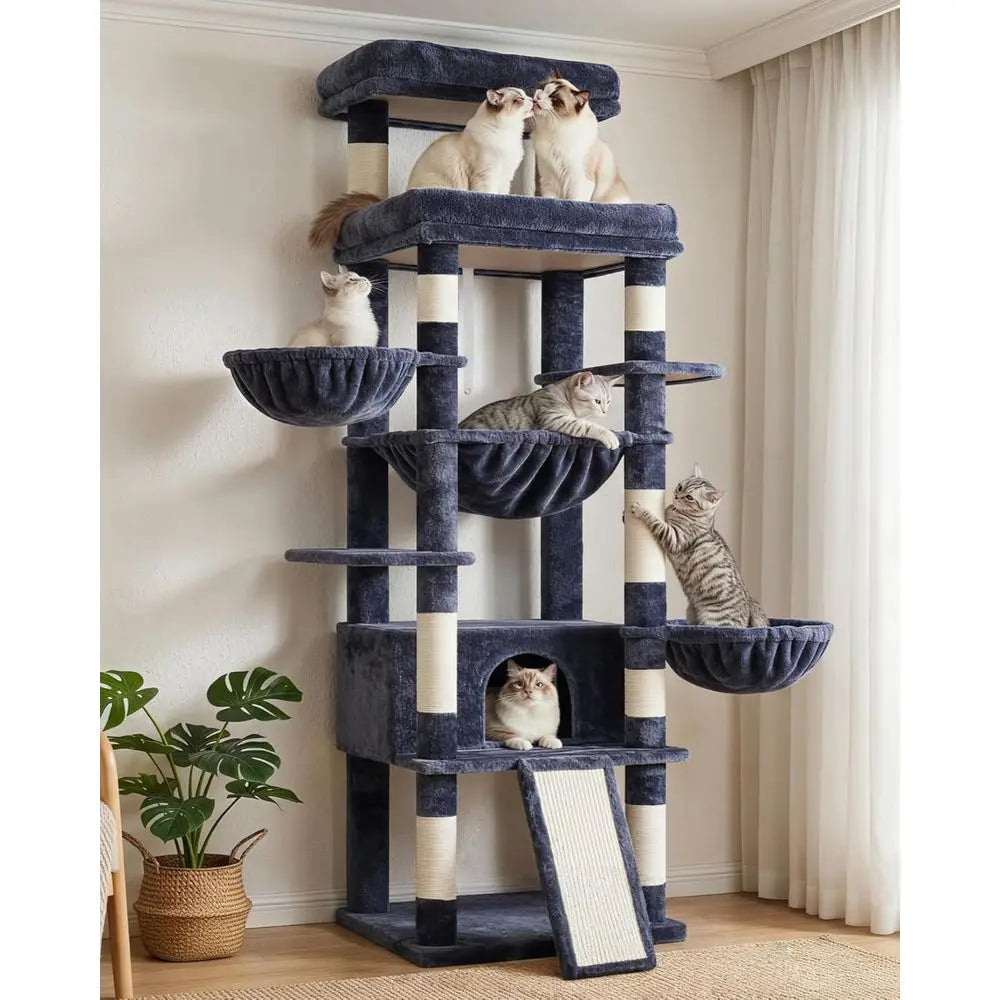 Hey-Cat Tree Tower, Scratching Posts with Extra Large Platorm and Basket, Specious Condo, 2 Cozy Hammocks, Scratch Board or Indo