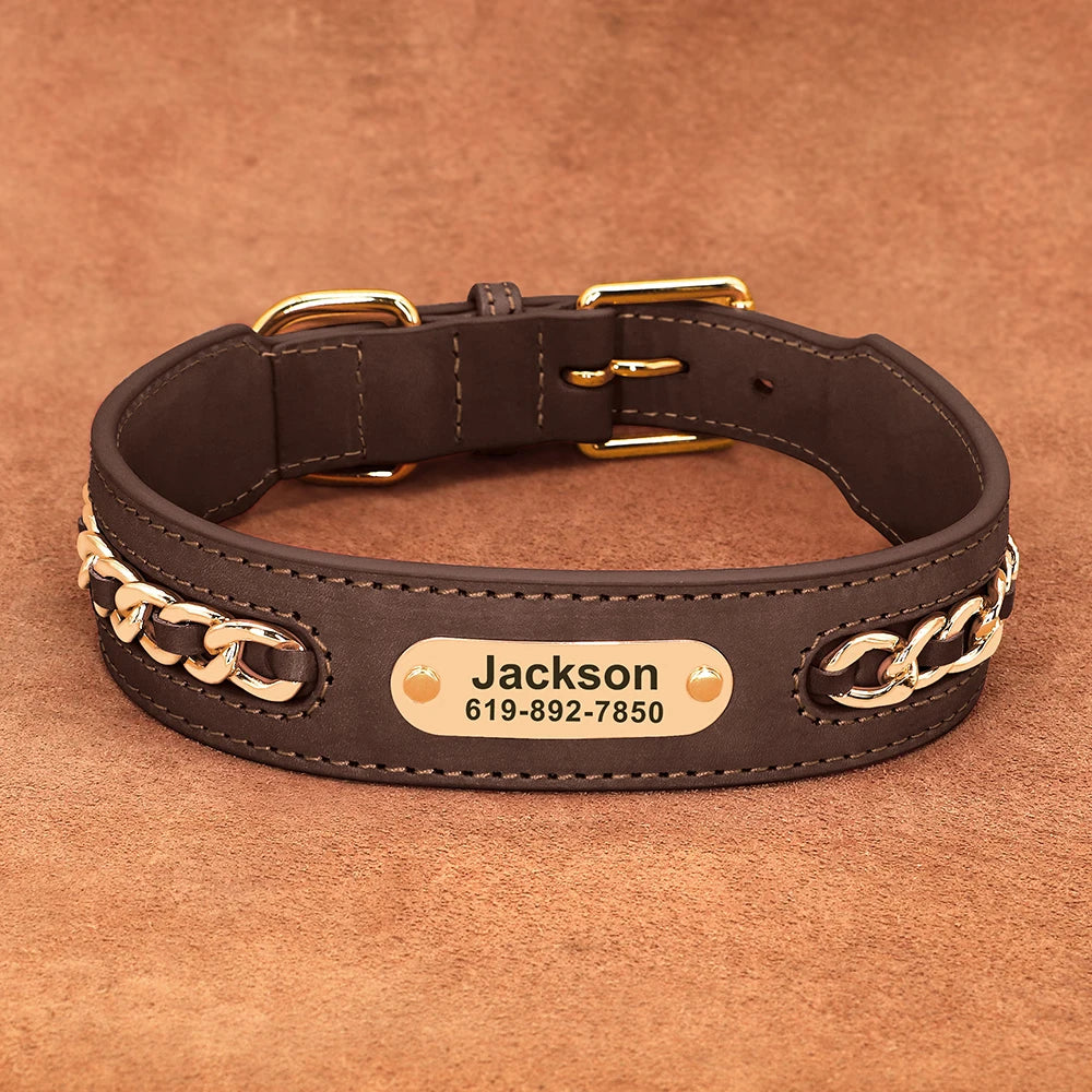 Personalized Dog Collar Durable Leather Dogs ID Collars With Anti-lost Name Tag Chain Accessories for Small Medium Large Dogs