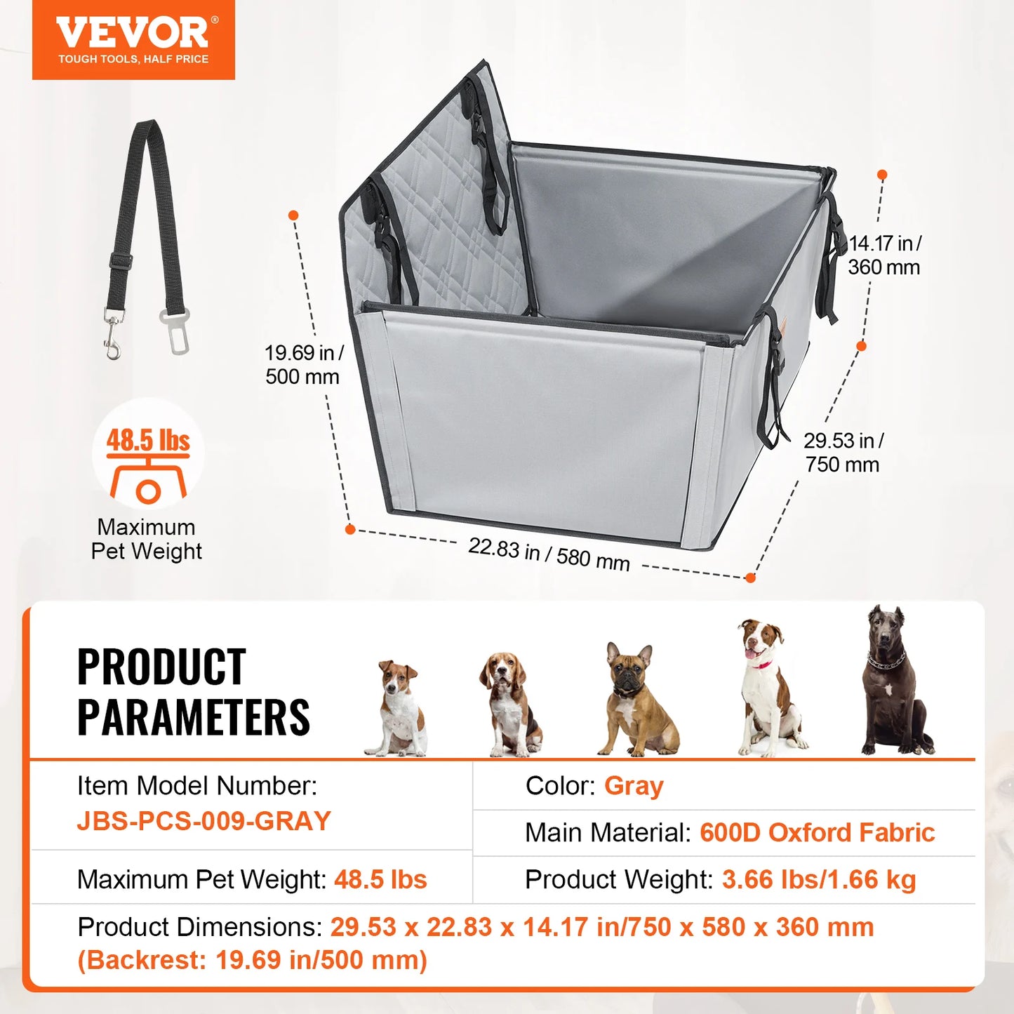 Dog Car Seat Waterproof Dog Booster Seat Pet Car Seat with Clip-On Safety Leash PP Cotton Car Bed for Medium Large Dog